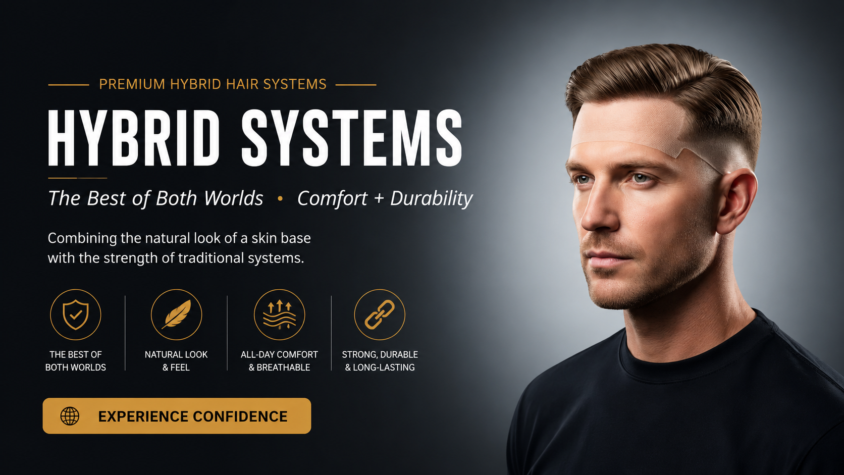 Male model wearing hybrid hair system with lace and skin base, showcasing comfort, durability, and natural look – Hair Systems Direct.