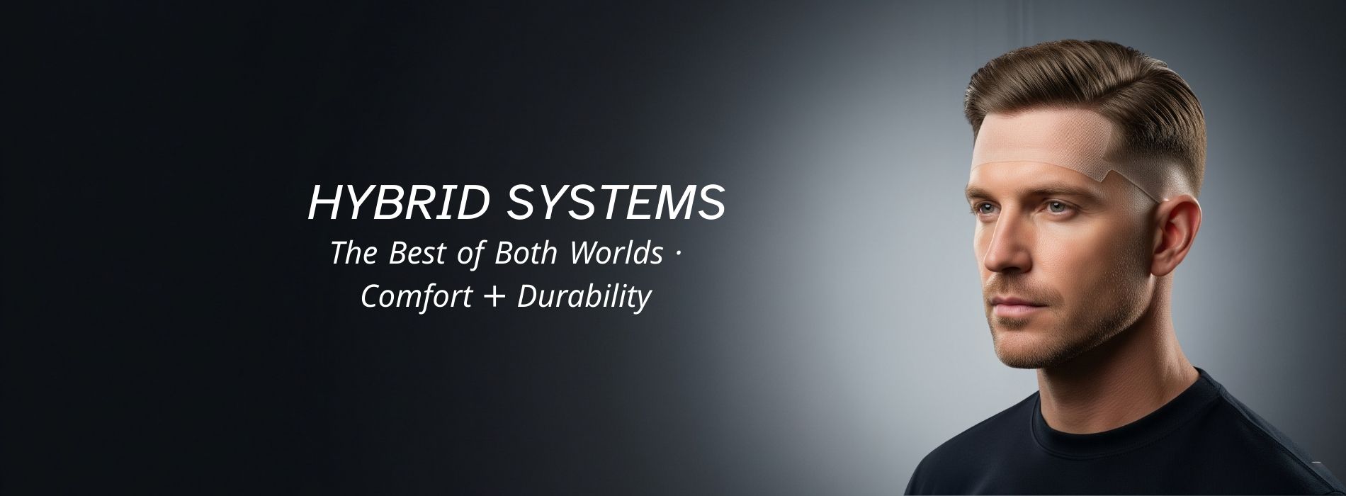 Male model wearing hybrid hair system with lace and skin base, showcasing comfort, durability, and natural look – Hair Systems Direct.