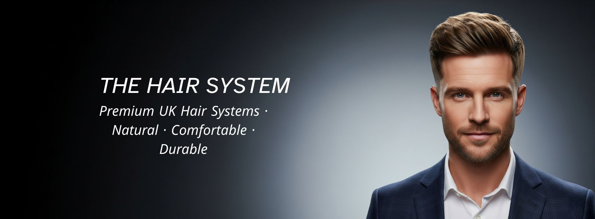 Professional model showcasing premium UK hair system with natural, comfortable, and durable design – The Hair System banner.
