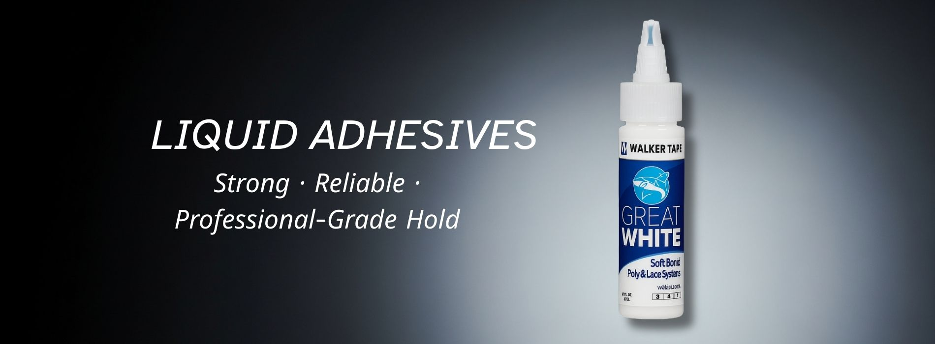 Bottle of Great White liquid adhesive for men’s hair systems, showcasing strong, reliable, and professional-grade hold by Hair Systems Direct.