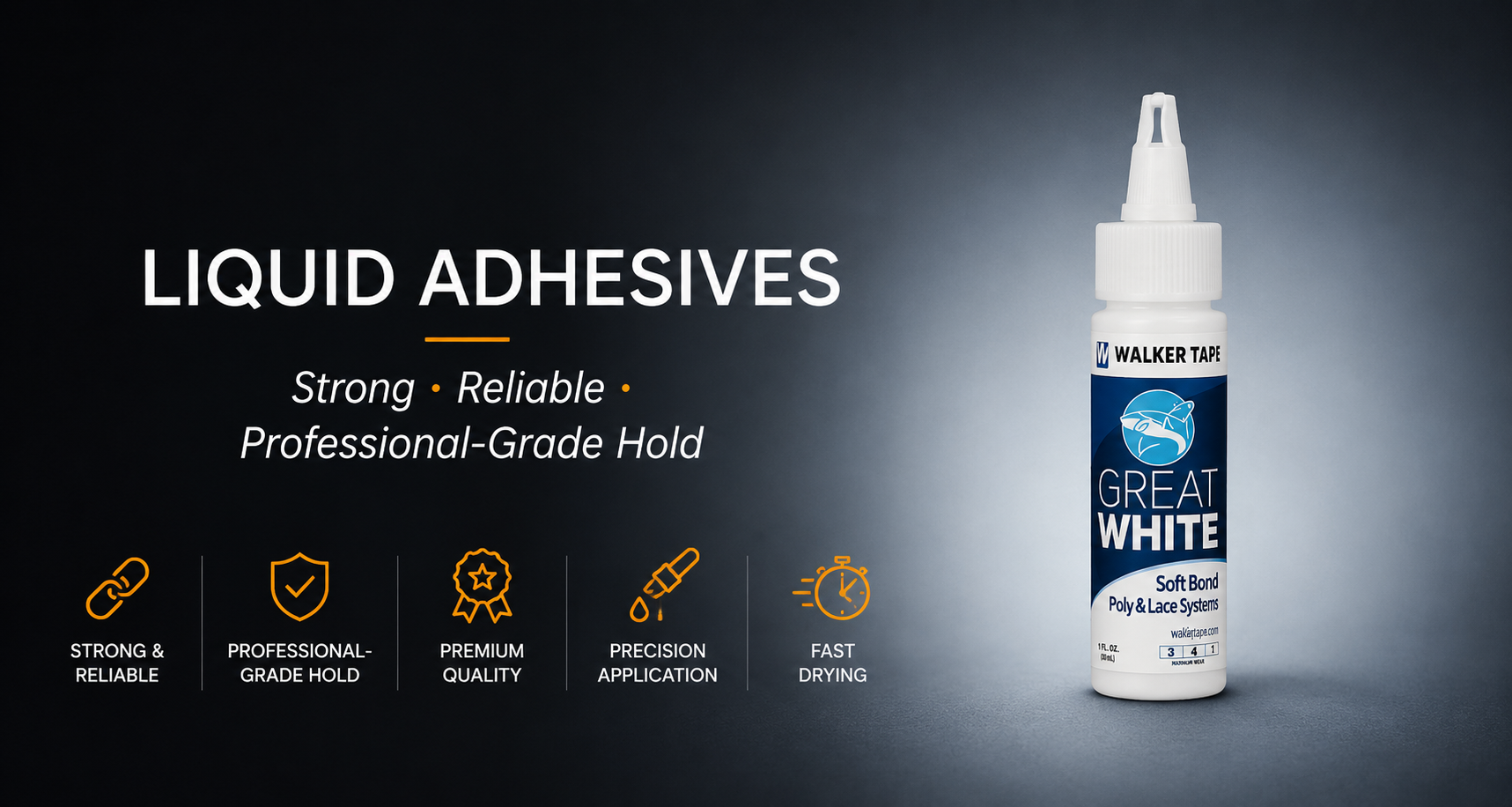 Bottle of Great White liquid adhesive for men’s hair systems, showcasing strong, reliable, and professional-grade hold by Hair Systems Direct.