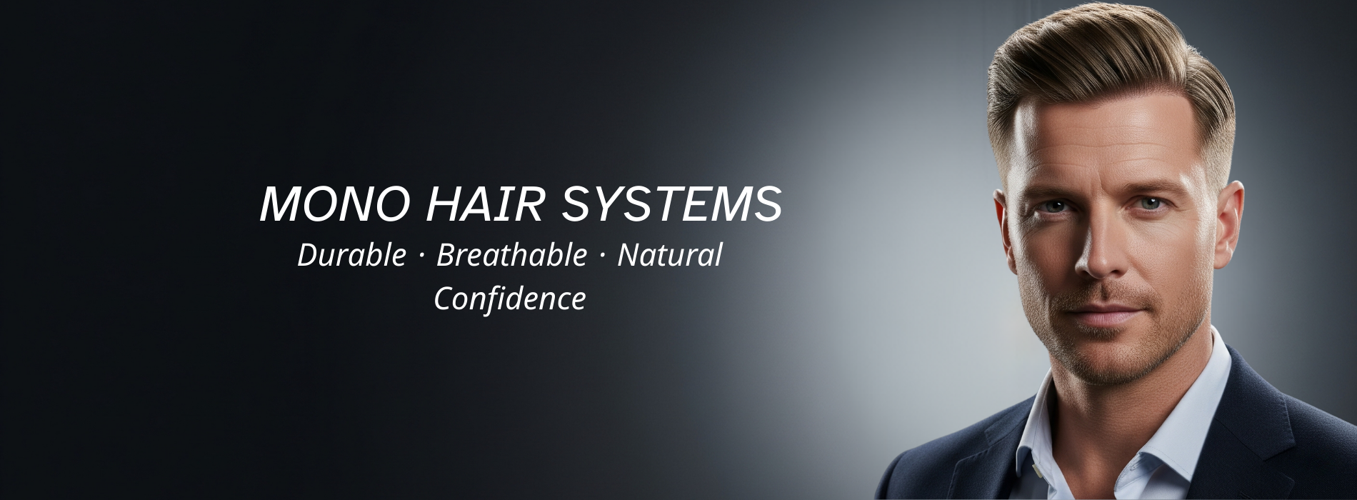 Male model wearing mono hair system showcasing durable, breathable, and natural design for confident, realistic appearance.
