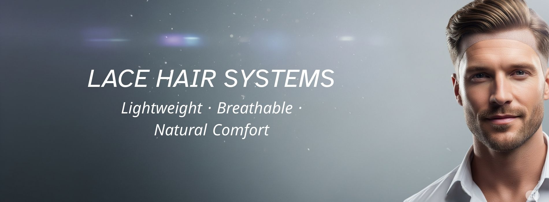 Men’s lace hair systems banner showing a model with natural hairstyle, highlighting lightweight, breathable, and comfortable design.