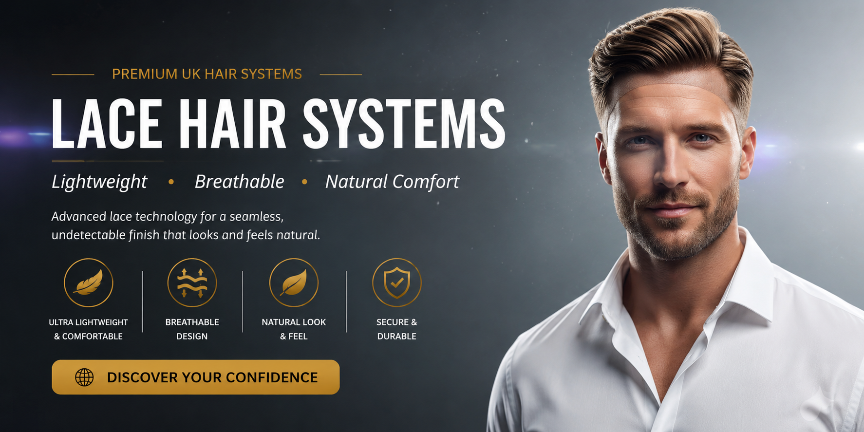 Men’s lace hair systems banner showing a model with natural hairstyle, highlighting lightweight, breathable, and comfortable design.