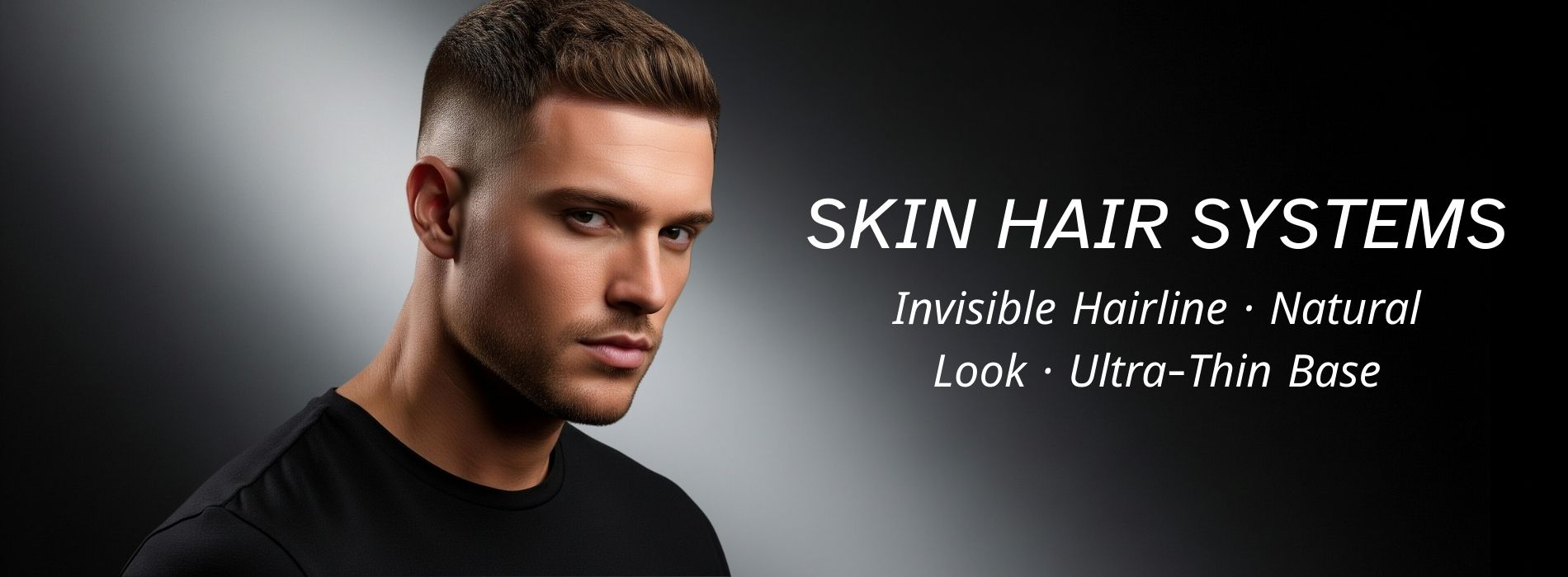 Model wearing men’s skin hair system with invisible hairline and ultra-thin base, showcasing natural look and smooth finish.