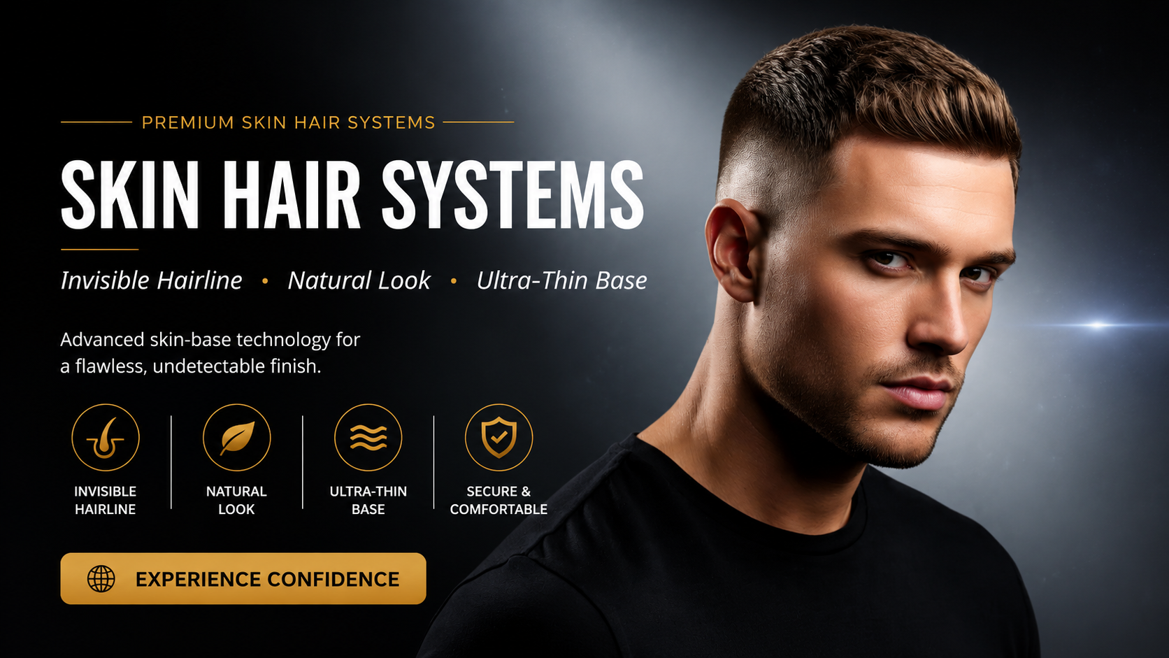 Model wearing men’s skin hair system with invisible hairline and ultra-thin base, showcasing natural look and smooth finish.