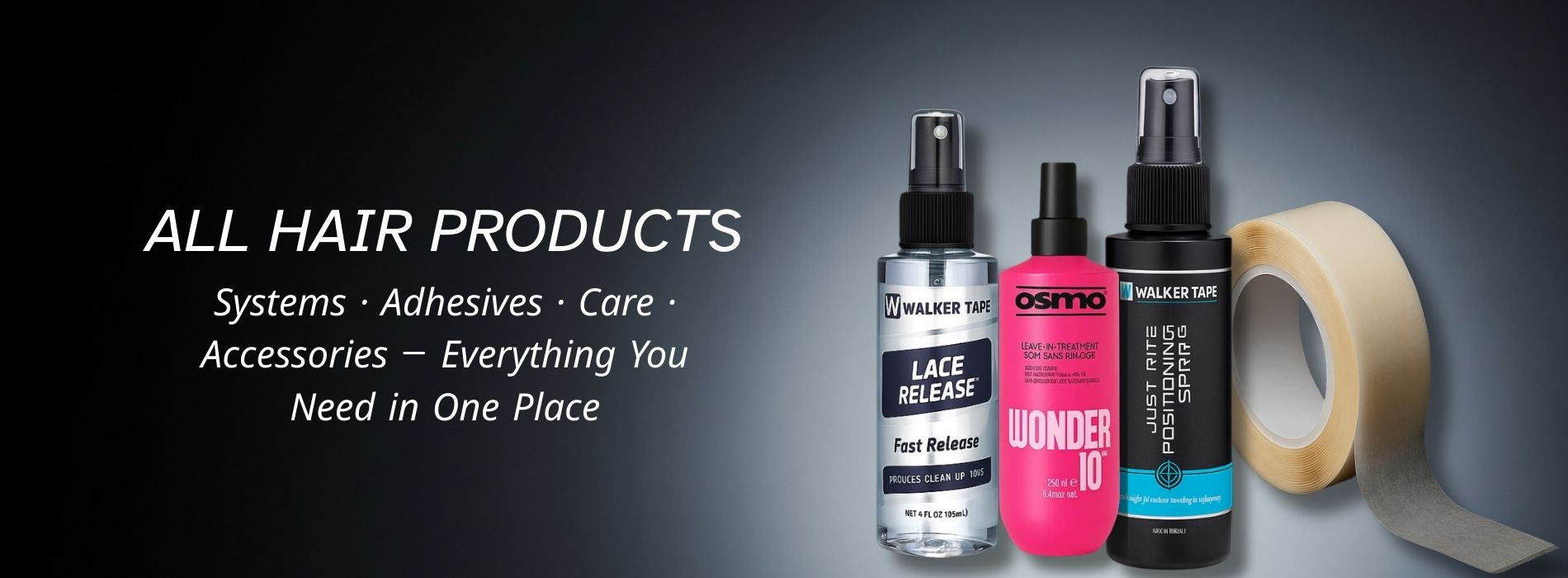 Collection of hair system care products including adhesive tapes, sprays, and treatments by Hair Systems Direct for maintenance and styling.