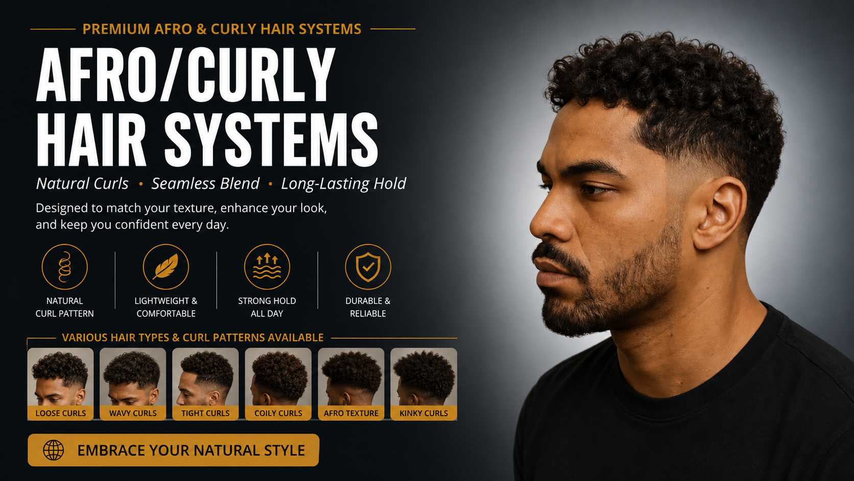 Male model with natural Afro curly hairstyle showcasing men’s Afro and curly hair systems designed for realistic texture and style.