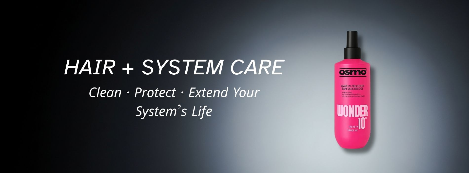 Pink Osmo Wonder 10 hair treatment bottle promoting hair system care — clean, protect, and extend the life of men’s hair systems by Hair Systems Direct.