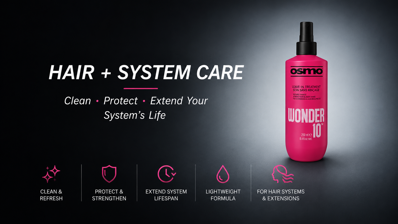 Pink Osmo Wonder 10 hair treatment bottle promoting hair system care — clean, protect, and extend the life of men’s hair systems by Hair Systems Direct.