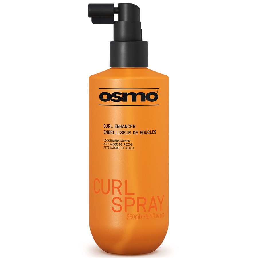 Orange bottle of Osmo Curl Spray on a white background  for mens hair systems and mens hairpieces, mens toupee and mens wigs