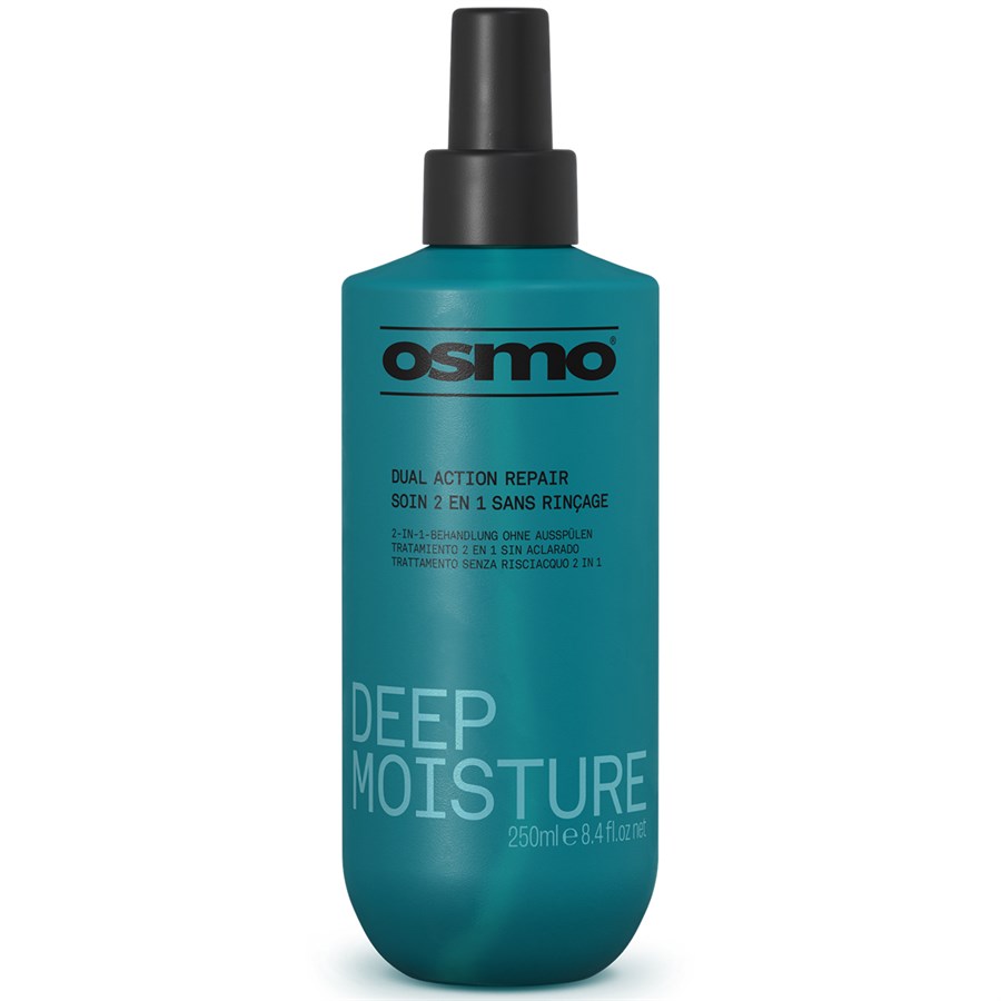 Blue bottle of Osmo Deep Moisture hair product on a white background  for mens hair systems and mens hairpieces, mens toupee and mens wigs