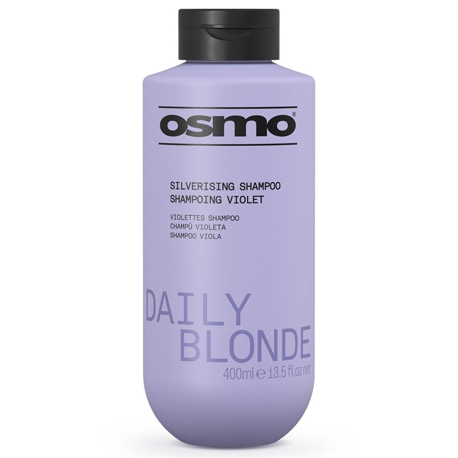 Osmo Daily Blonde Silverising Shampoo bottle on a white background  for mens hair systems and mens hairpieces, mens toupee and mens wigs