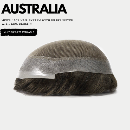 Men's lace hair system with PU perimeter on a white background, labeled 'Australia'.