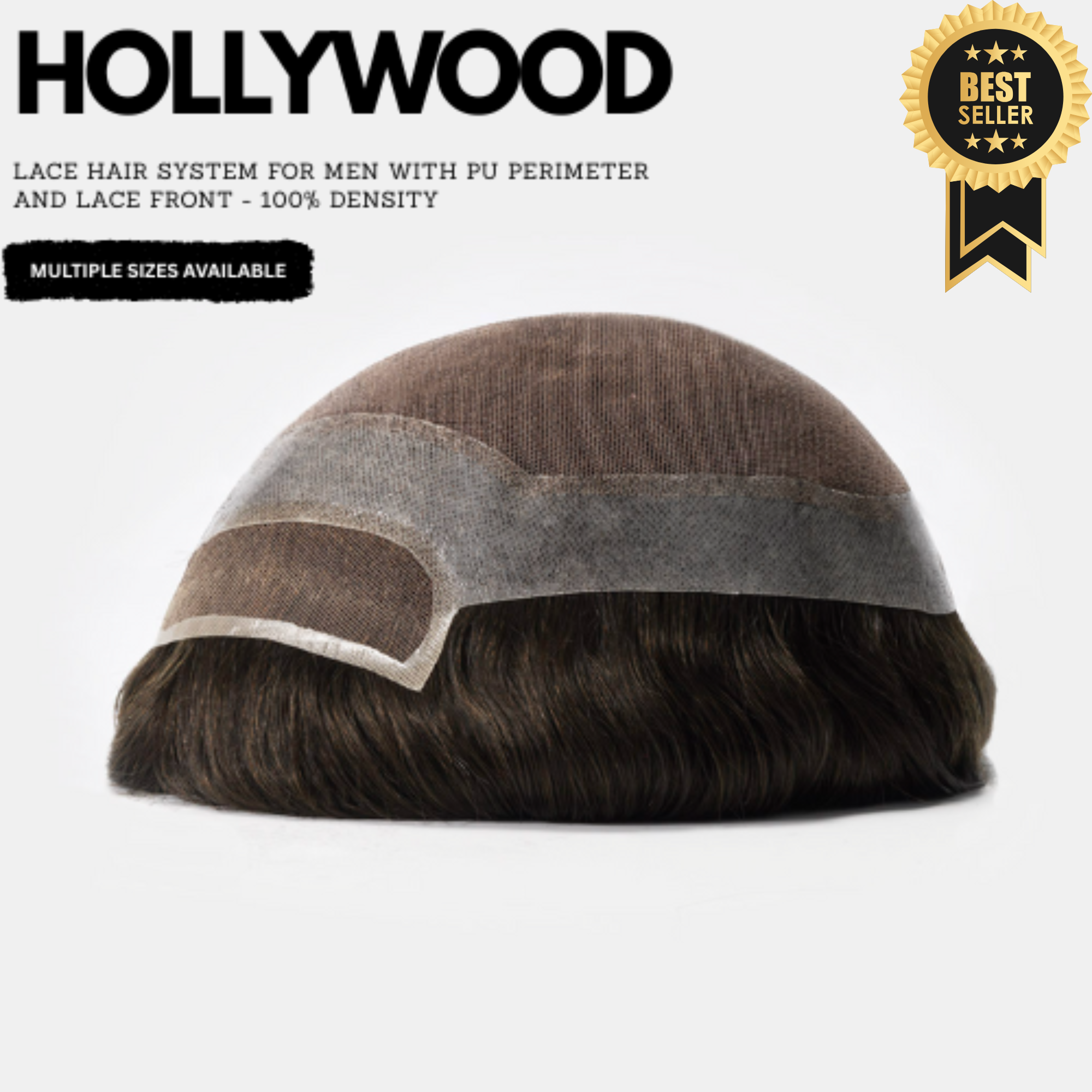 Hollywood lace hair system for men on a white background with 'Best Seller' badge.  for mens hair systems and mens hairpieces, mens toupee and mens wigs