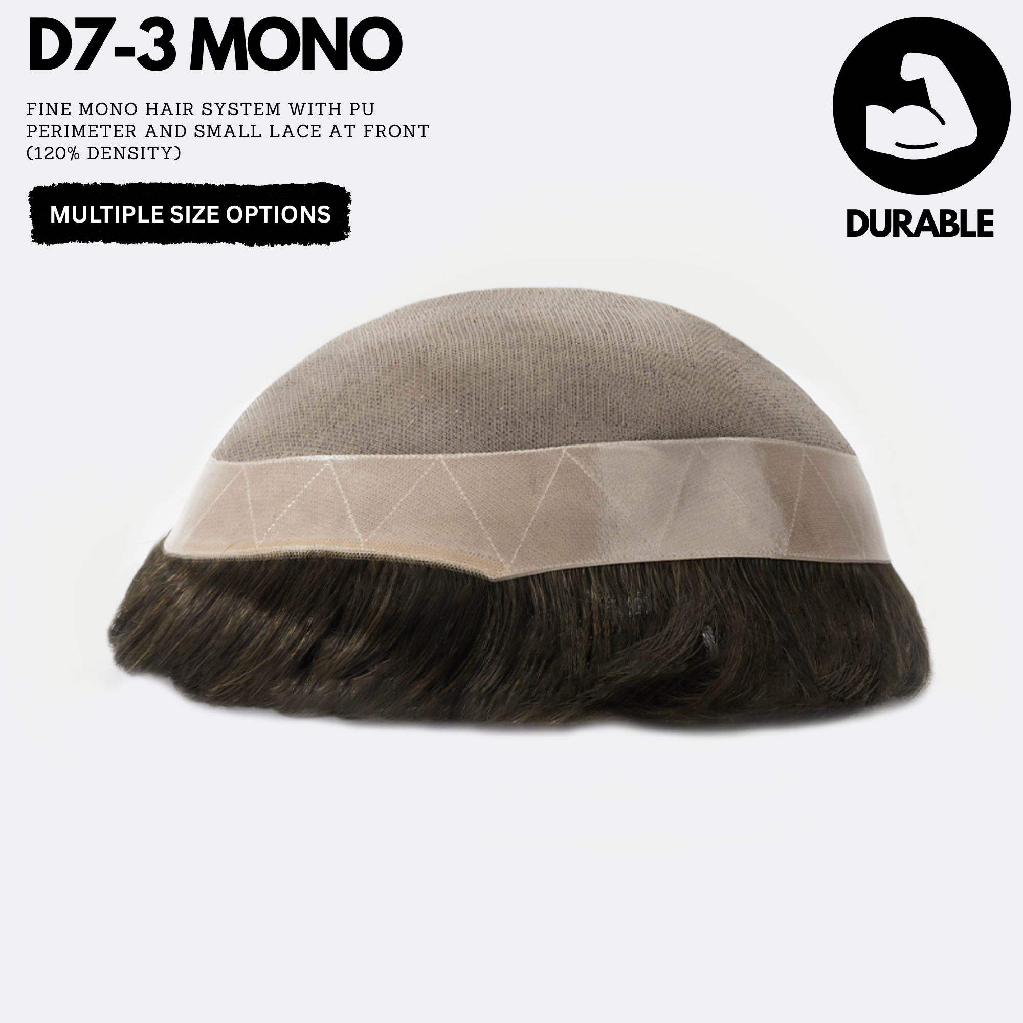 Mono Hair system with PU perimeter and small lace at front on a white background, featuring the brand 'Durable'.
