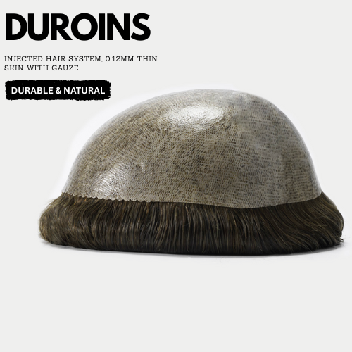Duroins hair system with text on a white background  for mens hair systems and mens hairpieces, mens toupee and mens wigs