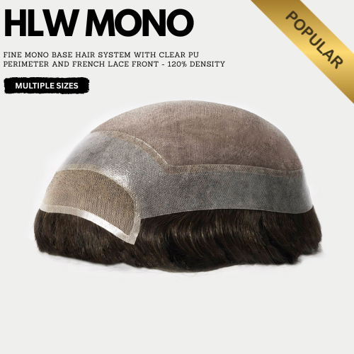 Hair replacement system with clear PU perimeter and French lace front on a white background