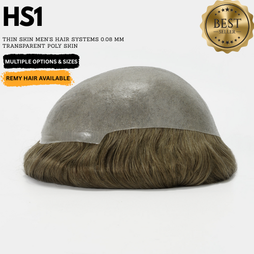 Men's hair system with transparent poly skin on a white background, featuring the brand 'HS1'.  for mens hair systems and mens hairpieces, mens toupee and mens wigs