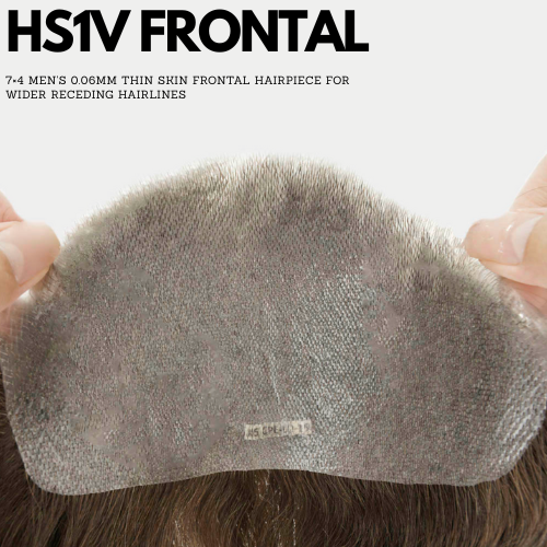 Hairpiece labeled 'HS1V FRONTAL' held by hands against a white background