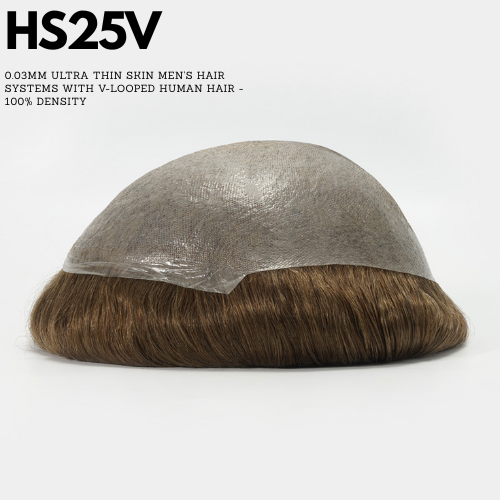 Hair transplant product with brown hair and silver mesh on a white background, labeled HS25V.  for mens hair systems and mens hairpieces, mens toupee and mens wigs