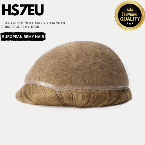 Men's hair system with European Remy hair on a white background, featuring the brand 'HS7EU'.