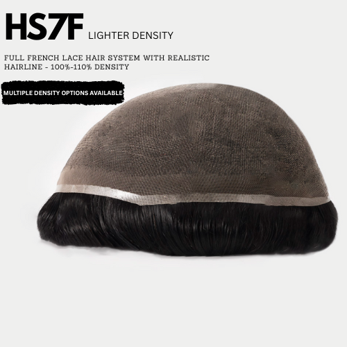 Full French lace hair system with realistic hairline on a white background  for mens hair systems and mens hairpieces, mens toupee and mens wigs