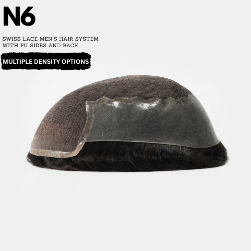 Men's hair system with Swiss lace front and PU sides and back on a white background.  for mens hair systems and mens hairpieces, mens toupee and mens wigs