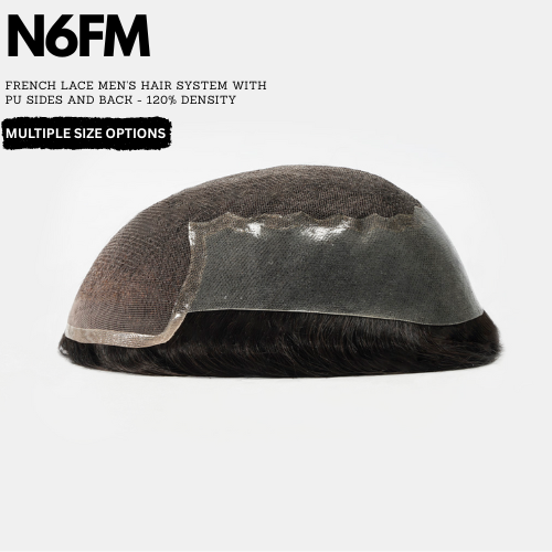 Men's hair system with PU sides and back on a white background, featuring N6FM branding.