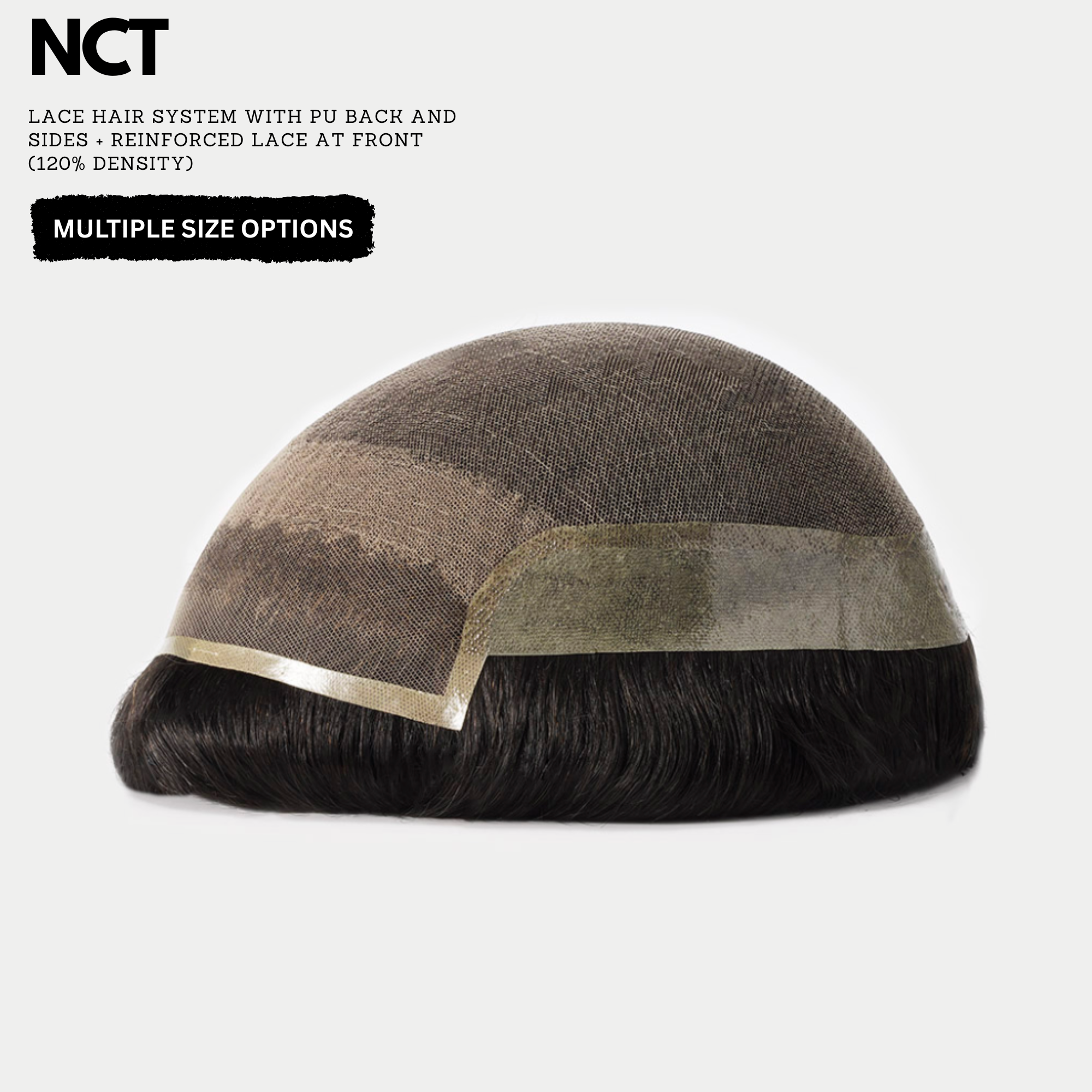 Hair lace system with NCT branding on a white background for mens hair systems and mens hairpieces, mens toupee and mens wigs