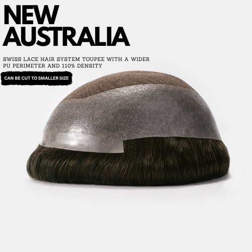 Swiss lace hair system toupee on a white background with text about product features.