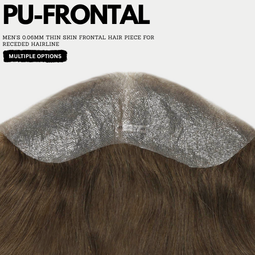 Men's PU-frontal hairpiece for receding hairline with brown hair and thin skin on a white background.