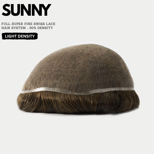 Hair system with 'SUNNY' branding on a white background. Full super fine swiss lace hair system