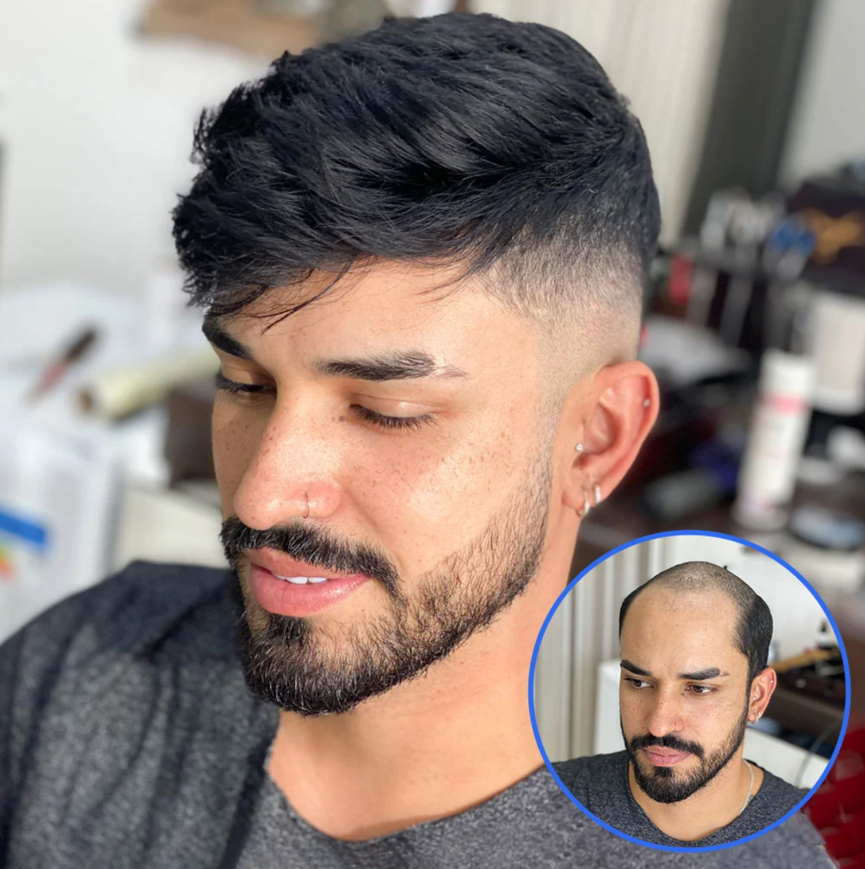 Man with styled haircut and beard, comparing before and after in inset