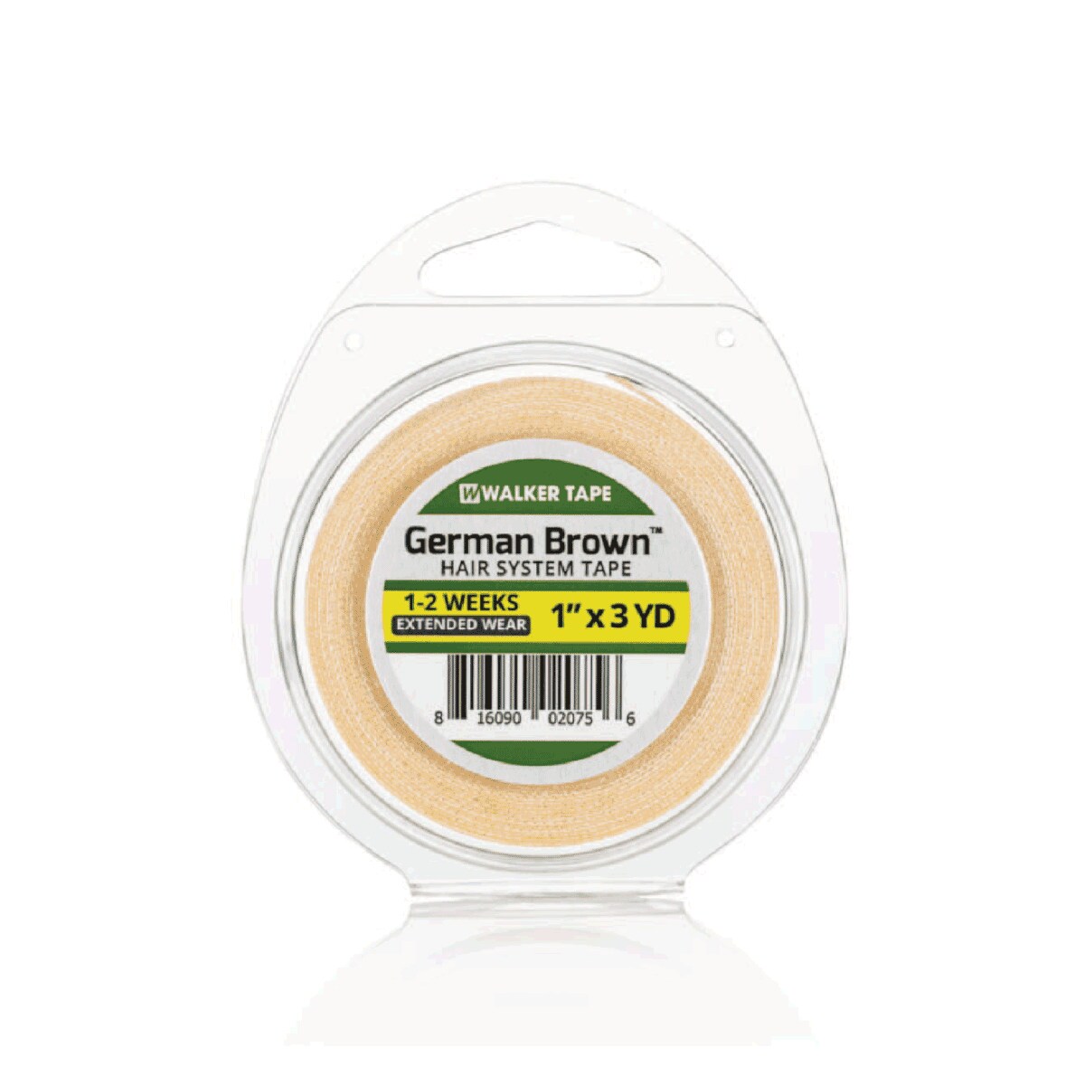 Packaged hair system tape with 'German Brown' label on a white background