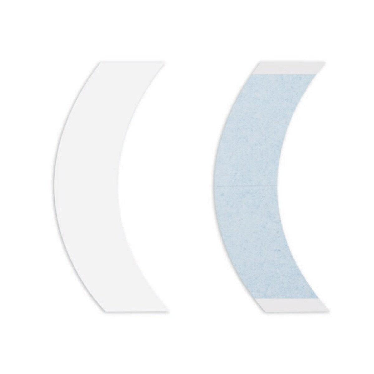 Two crescent-shaped objects, one white and one light blue, on a white background.