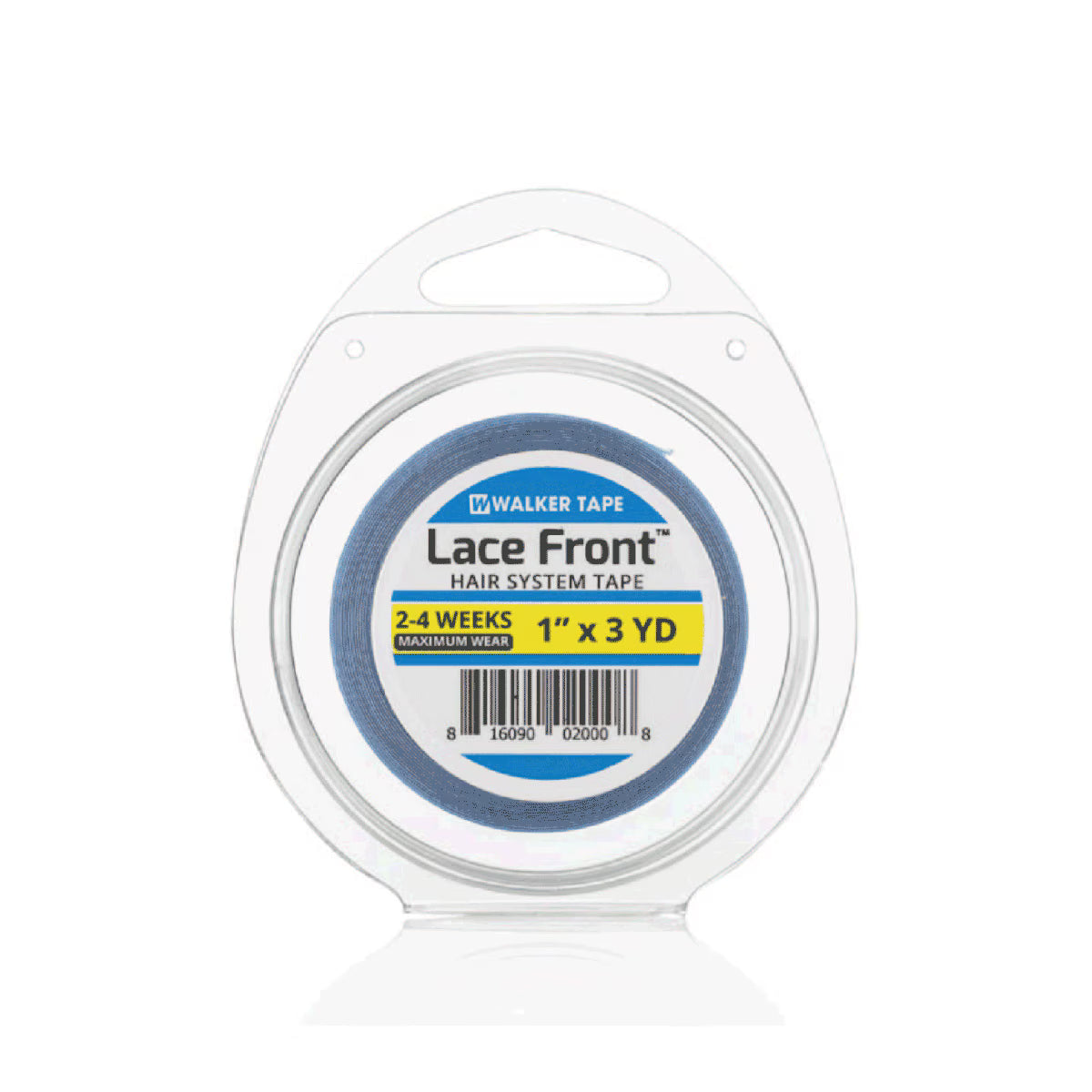 Packaged lace front hair system tape with Walker Tape branding on a white background