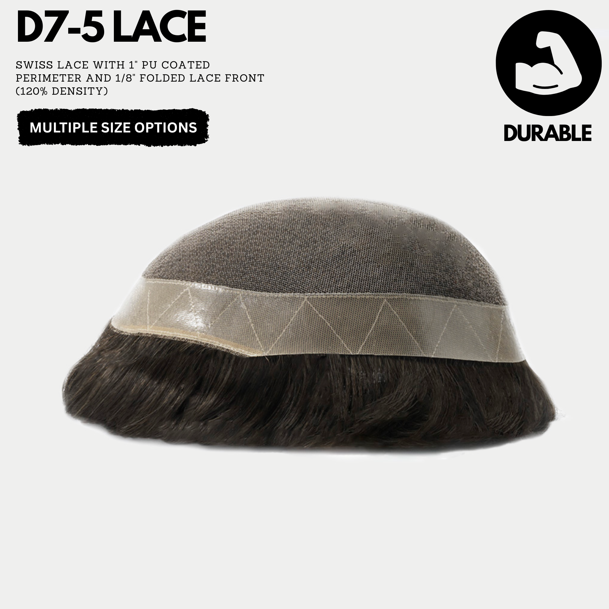 Hairpiece with Swiss lace and PU coating on a white background, featuring the brand 'Durable'.