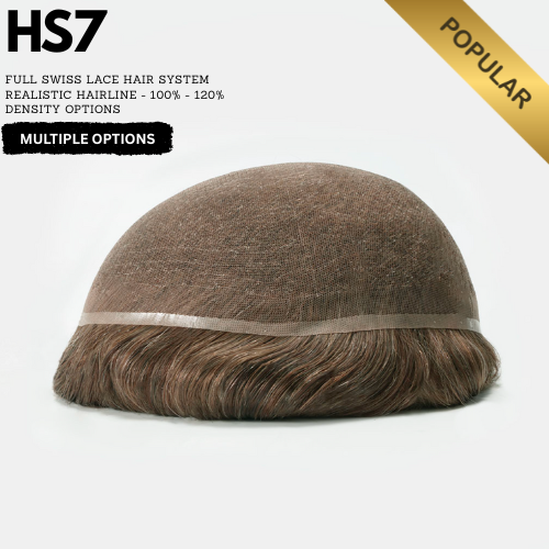 Brown hair system with a visible lace front on a white background, featuring the brand 'HS7'. full french hair piece for men and full swiss lace hair piece for men
