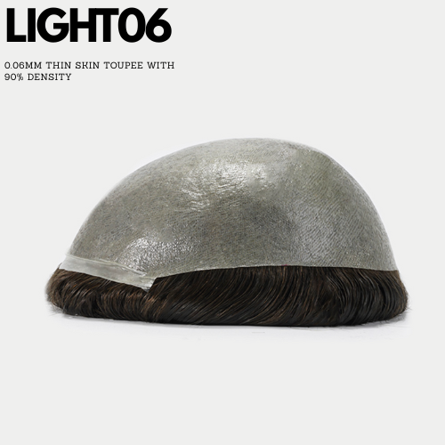 Thin skin toupee with black hairline on a white background, featuring text about its specifications.