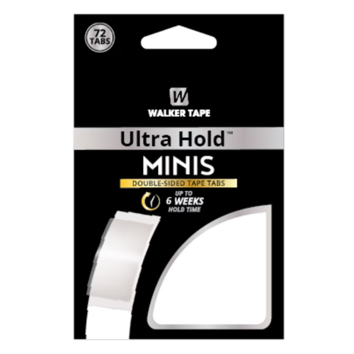 Packaging of Walker Tape Ultra Hold Minis double-sided tape tabs with a clear window showing the tape.