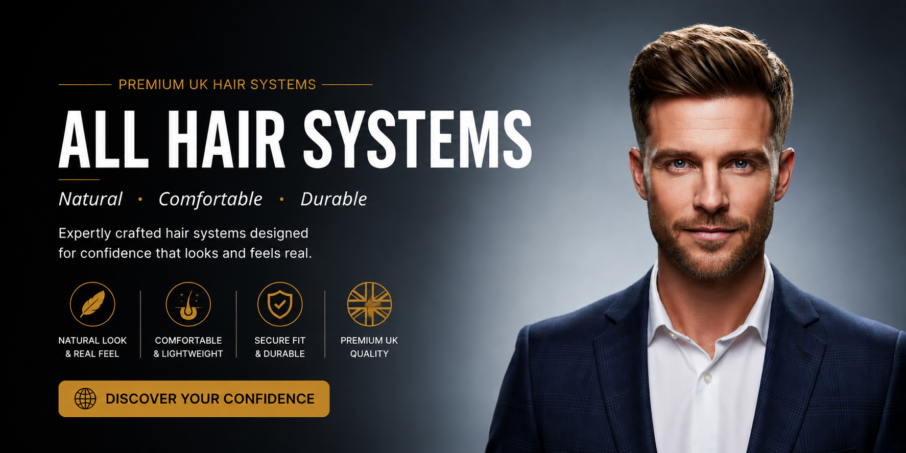 Professional model showcasing premium UK hair system with natural, comfortable, and durable design – The Hair System banner.