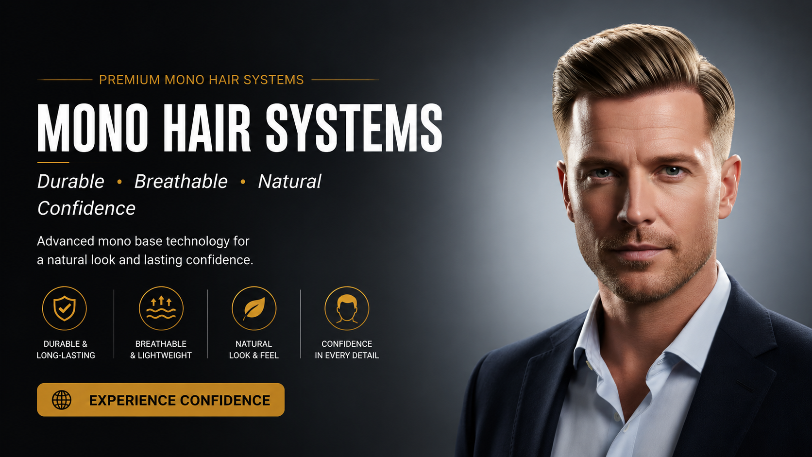 Male model wearing mono hair system showcasing durable, breathable, and natural design for confident, realistic appearance.
